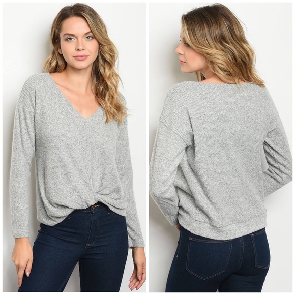 Sweaters - Gray Twist Front V-Neck Sweater